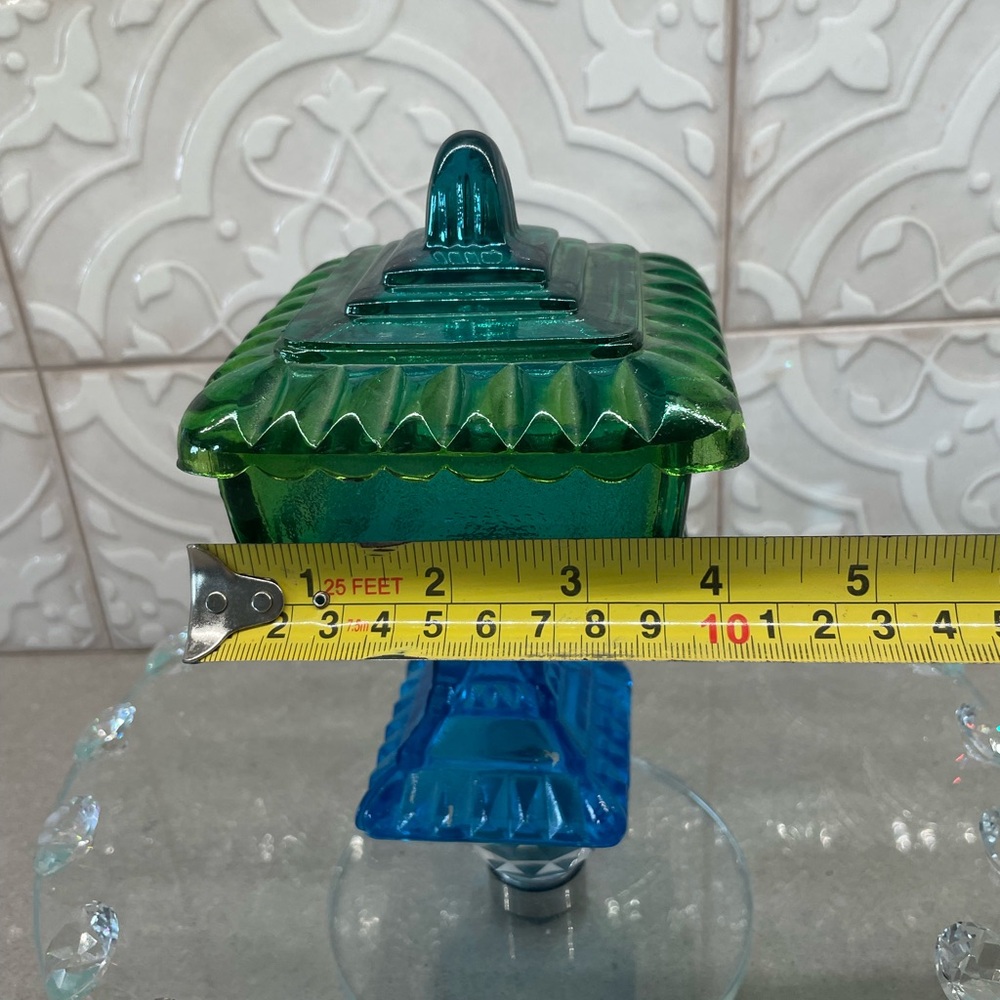 Vintage Jeannette Glass Wedding Blue Green Pedestal Covered Candy Dish With Lid - Picture 7 of 8
